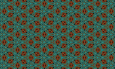 Vibrant and intricate geometric tribal pattern with turquoise, orange, and red diamond and triangle motifs on a black background. Seamless illustration for backgrounds.