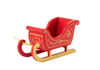 miniature glossy cherry red wooden sleigh with golden runners and carved details, isolated on a transparent studio backdrop with copy space, christmas holiday advertisement concept