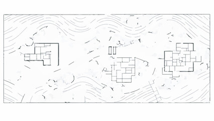 Three detailed architectural floor plans with topographic contour lines illustration on white background
