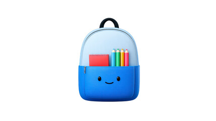 Blue backpack with cute face, front pocket holding colorful pencils and red notebook, isolated on transparency background, cheerful and playful school supply for children and students