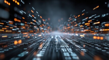 digital binary data flow into a futuristic screen on a blurred background representing modern tech and lightbased information systems concept