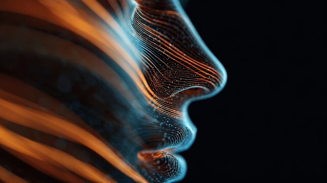 abstract digital face profile glowing blue orange lines data network - Powered by Adobe