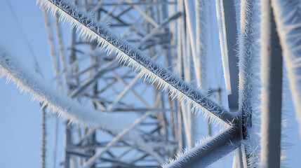 A close-up reveals intricate frost patterns on a transmission tower, its metallic structure transformed into a canvas of delicate ice crystals against the pale blue sky.