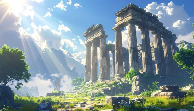 Sunlit ruins of an ancient temple stand on a lush green hill under a bright blue sky with fluffy white clouds - Powered by Adobe
