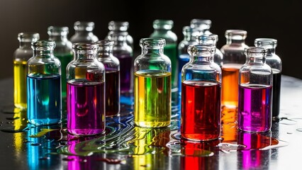 Assortment of Colorful Liquids in Laboratory Bottles