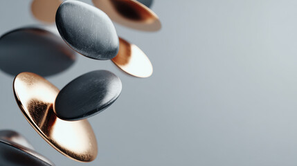 Obraz premium Abstract metallic shapes balanced carefully symbolizing precision and balance with shiny gold and dark silver discs floating