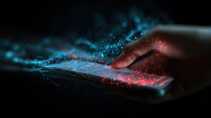 hand holds smartphone emitting digital particles representing abstract data flow communication modern device connected to cyberspace with glowing blue red light streams futuristic ai technology