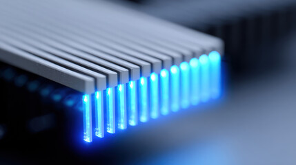Close up of electronic module with glowing blue LED lights showing modern technology and futuristic design