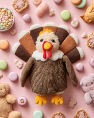 Cute turkey plush toy surrounded by pastel treats on pink background for Thanksgiving theme