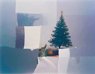 幾重にも重なる紙の断片と、中央に佇むクリスマスツリー。冷たくも美しい、冬の静けさを表現したデザイン