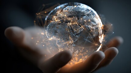 closeup of a hand holding a glowing digital globe with illuminated continents and connected network points symbolizing global connectivity and technology