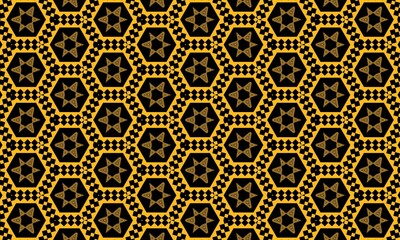 Dramatic seamless geometric pattern in black and gold, showcasing intricate star formations within hexagonal frames. Rich, luxurious, and repeating design.