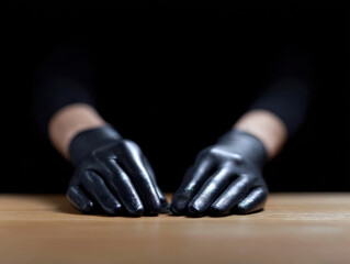 Fototapeta premium Black gloves on hands resting on wooden surface with dark background creating mysterious mood