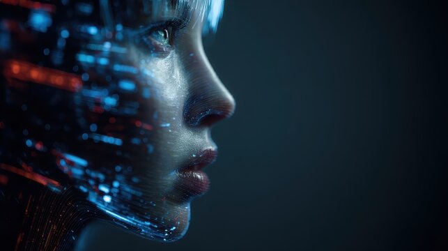 profile of woman with digital interface showcasing technology and innovation in futurism ai data analysis and cyber aesthetics in modern life - Powered by Adobe