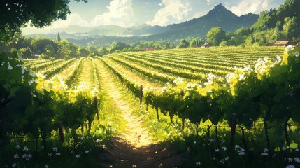 Sunlit Vineyard Rows In Rolling Hills Landscape