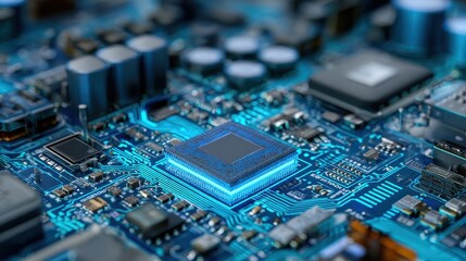 intricate printed circuit board with microchips and components on a vibrant blue background