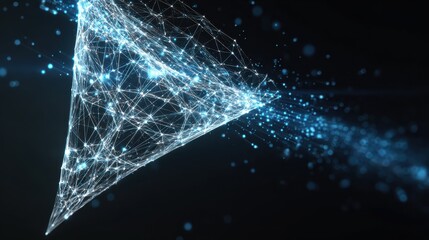 futuristic polygonal funnel illustrating data flow analysis and conversion within digital marketing abstract geometric mesh visualizes modern tech strategy network structure processing