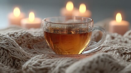clear glass cup of tea on soft knitted surface with lit candles