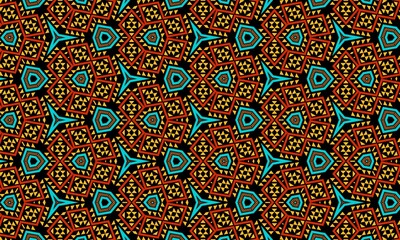 A dynamic and colorful seamless geometric pattern illustration with a black background, featuring intricate tribal-inspired designs in orange, red, and turquoise.