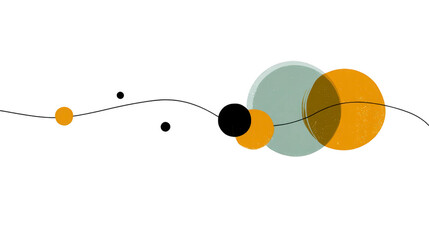 Abstract geometric illustration with overlapping circles in muted orange, black, and blue tones, connected by wavy line, creating modern minimalist design with playful and creative mood