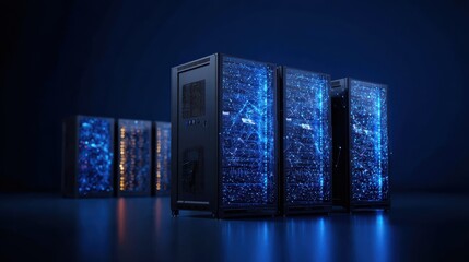 data center server rack displays with glowing network connections on a dark blue background
