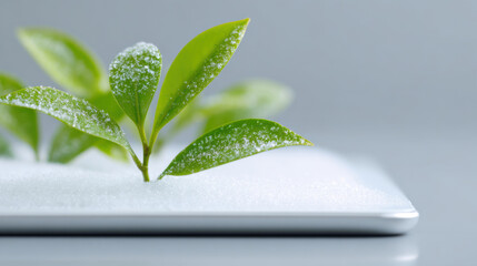 Green leaves with snow on digital tablet surface showing nature and technology contrast in cold winter