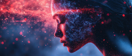 A human face surrounded by streams of glowing particles symbolises the digital revolution and innovation — suitable as a background for technology conferences and IT product advertising.