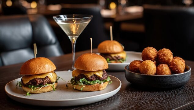 Table with sliders, fried balls, martini, and leather chairs in a dimly lit, upscale restaurant setting