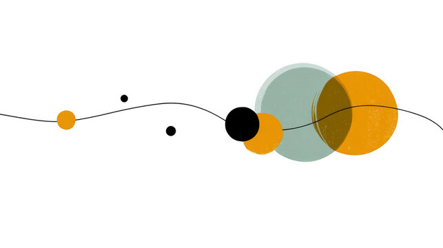 Abstract geometric illustration with overlapping circles in muted orange, black, and blue tones, connected by wavy line, creating modern minimalist design with playful and creative mood