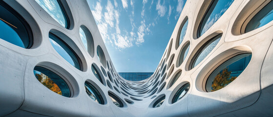 The futuristic building with oval windows creates a sense of innovation and progress, providing an excellent backdrop for discussing contemporary architecture.