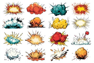 Collection of sixteen cartoonish explosion illustrations with diverse shapes and vibrant, stylized colors on a white background