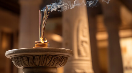 Incense burns atop a decorative stone stand, releasing a calming aroma.  A serene ambiance fills the space with delicate smoke, promoting relaxation and reflection.