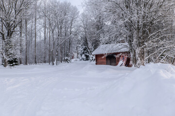 Farm barn and house in a cold winter landscape with snow and frost