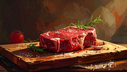 Steak on a wooden board with herbs, salt, tomato, and garlic against an abstract background