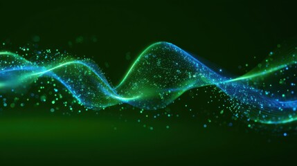 a vibrant blue abstract digital waveform with glowing particles on a solid green background