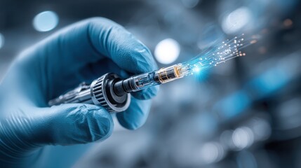 fiber optic technology connector being handled with gloved hand for secure data transmission between devices in clean environment