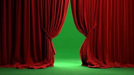 Red velvet curtains open to a bright green backdrop in a theater setting for a performance or stage event preparation - Powered by Adobe
