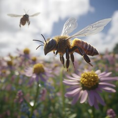 Two bees flying over a field of purple and yellow flowers Photo