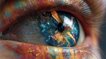 an artistic closeup of a mesmerizing eye embellished with neon circuit patterns and bold colors symbolizing the fusion of technology and human perception in a stunning visual