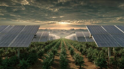 sustainable agriculture using solar panels integrated with crops for simultaneous renewable energy generation and farming production creating green technology for efficient land use and farming