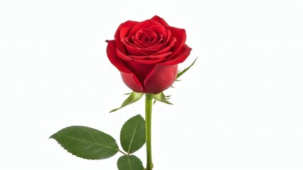 Single blooming red rose isolated on a white background, representing romance, Valentine's Day, love, and natural floral beauty.