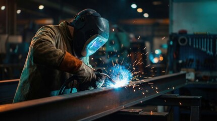 Industrial welder in protective gear working on long steel beam, bright blue welding arc and orange sparks flying inside dark metal fabrication factory workshop.