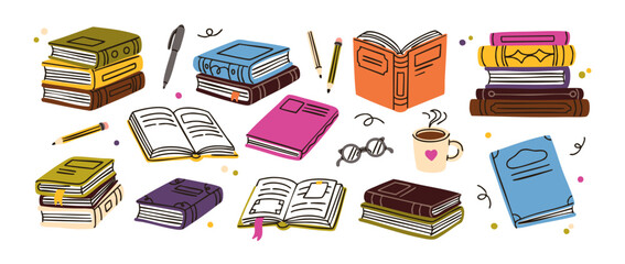 Obraz na płótnie Canvas Doodle set of books and stationery. Cute piles of textbooks and open novels. Stacks of stories and school literature for learning. Flat isolated hand drawn vector illustrations on white background.