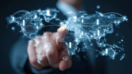 businessman using digital world map with human icons global network connection and international business communication concept background