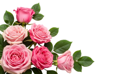 Collection of pink roses and green leaves isolated on transparent background