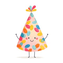 Obraz premium Cartoon character is holding a party hat with a smile on its face. The hat is colorful and has a lot of polka dots