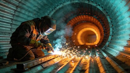 Industrial welder in protective gear working inside large metal tunnel, bright sparks and smoke from welding torch illuminating curved steel structure, dramatic engineering and construction concept.