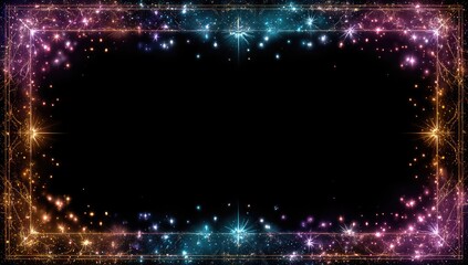 Dazzling frame of shimmering, multicolored lights and ornate golden filigree, surrounding a dark void