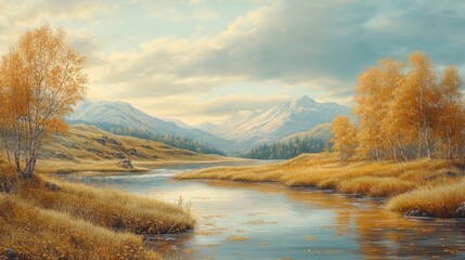 Autumnal River Scene Amidst Majestic Mountains