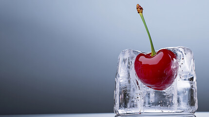 A juicy red cherry, suspended in a melting ice cube. Summer treat, frozen in time! The condensation glitters, adding a refreshing vibe. Simple, yet elegant.